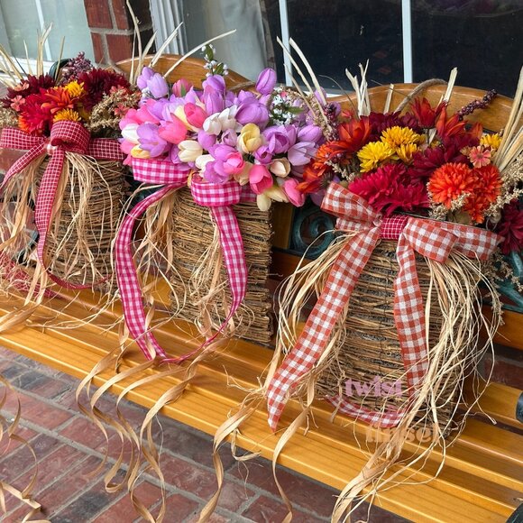 Handmade Basket Wreath with Faux Flowers & Beaded Ribbon: Year-Round Door Decor - Picture 5 of 5